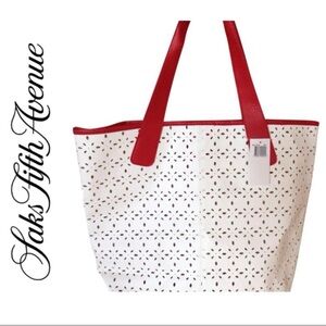 Saks Fifth Avenue Faux Leather Perforated Tote Bag Red White Purse Snap Closure